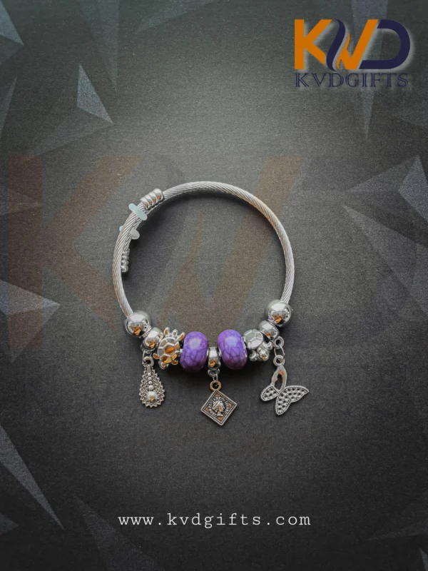 Elegant Silver Charm Bracelet with Purple Beads and Dangling Charms