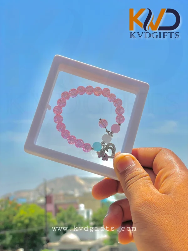 Pink Crystal Bead Charm Bracelet with Heart & Butterfly Accents – Elegant Gift Packaging