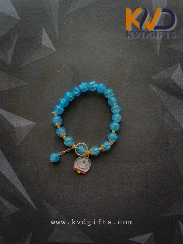 Blue Crystal Bead Bracelet with Doraemon Charm – Elegant Gift Display Frame